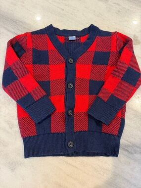 Baby Gap Toddler Sz 4 Cotton Nylon Wool Blend Red & Navy Checked Cardigan V-neck